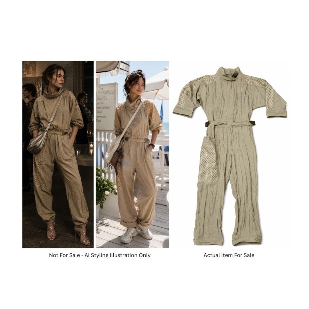 Vintage 80s Apocalyptic Jumpsuit Beige L Buckles Gorpcore Steampunk Mixed Media